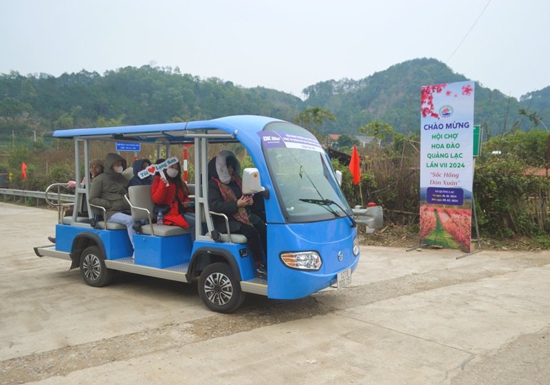 Du khách trải nghiệm trải nghiệm tour tham quan vườn đào bằng xe ô tô điện